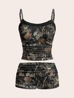 Women's Maple Leaf Print Camisoles & Shorts Two-piece Set, Casual Fashion Top & Shorts for Daily Outdoor Wear, Ladies Clothes...