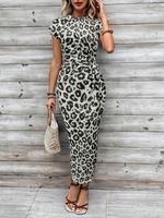 Women's Leopard Print Round Neck Dress, Fashion Casual Dress for Daily Holiday Vacation Wear, Ladies Dress for All Seasons, W...