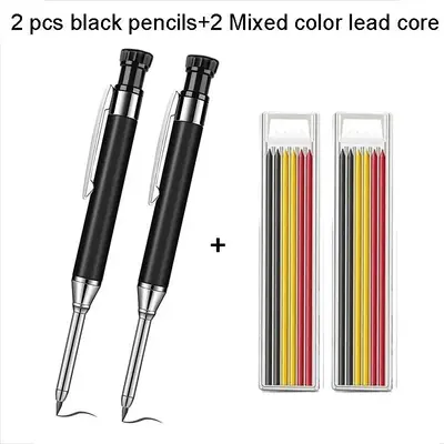 2pcs Black Pencils with Mixed Color Lead Core (4 Counts/set), Woodworking Building Long Head Pencil Set, Office Stationery & ...