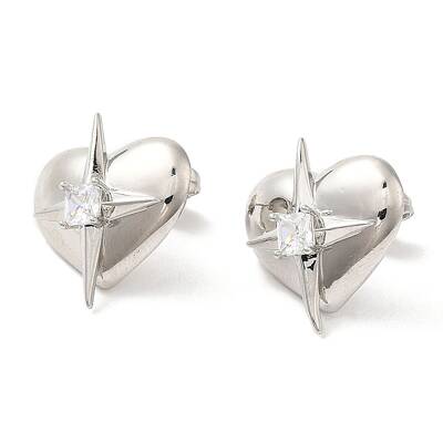Rack Plating Brass Heart with Star Stud Earrings with Clear Cubic Zirconia Earring for Women