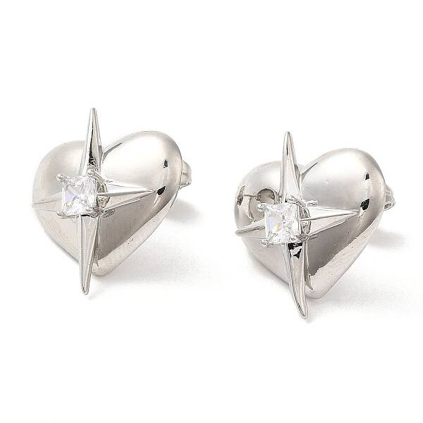 Rack Plating Brass Heart with Star Stud Earrings with Clear Cubic Zirconia Earring for Women