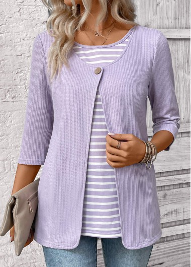 Modlily Light Purple Striped 3/4 Sleeve Fake Two Piece Twinset - S