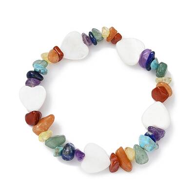 Natural & Synthetic Mixed Gemstone Chips & Shell Beaded Stretch Bracelet