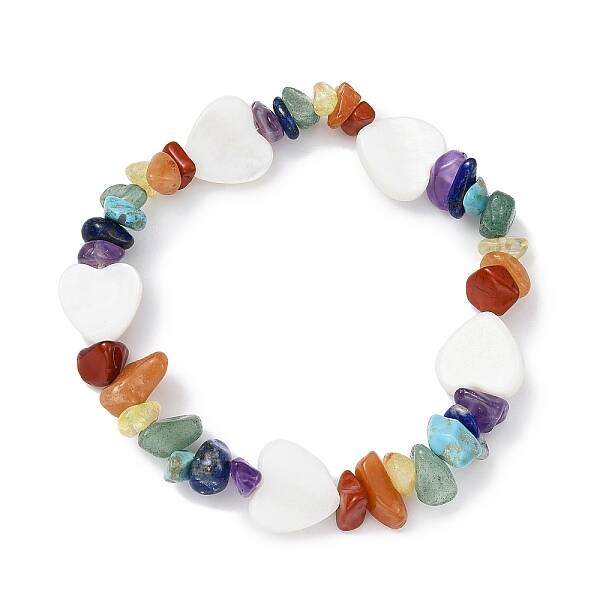 Natural & Synthetic Mixed Gemstone Chips & Shell Beaded Stretch Bracelet
