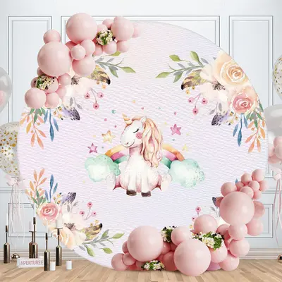 Aperturee Round Flower And Unicorn Baby Shower Backdrop