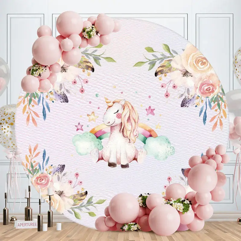 Aperturee Round Flower And Unicorn Baby Shower Backdrop