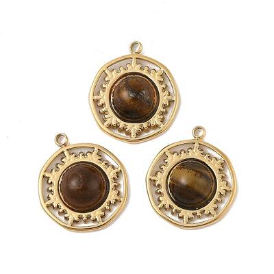 304 Stainless Steel Pave Natural Tiger Eye Pendants
