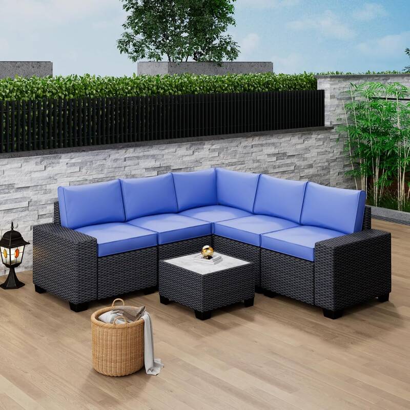 Garvee 6-Piece Outdoor Patio Sofa Set – All-Weather PE Rattan Wicker – Modular Conversation Furniture with Thick Cushions...