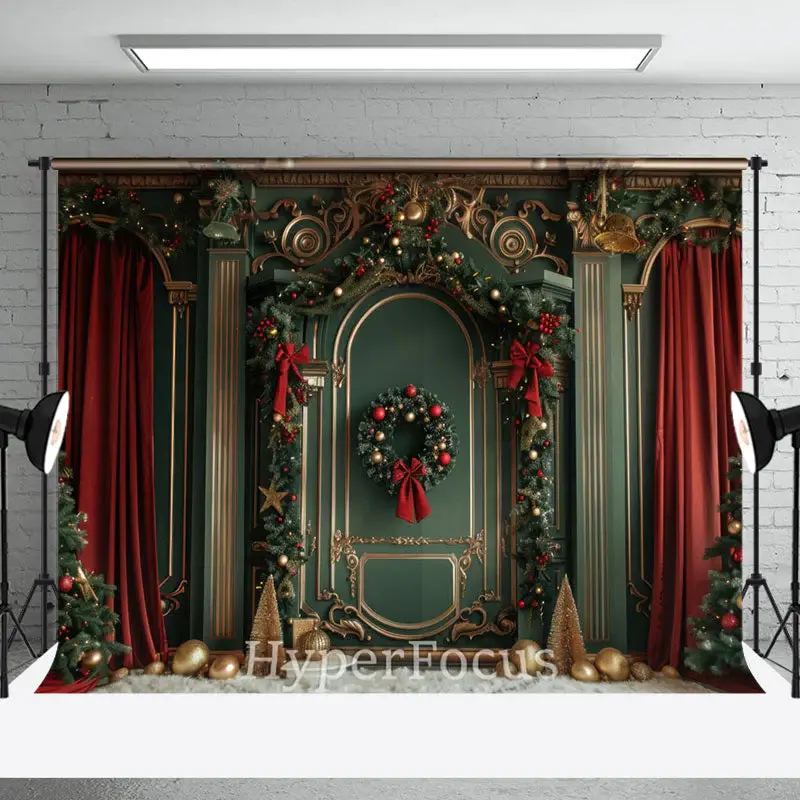 Green Gold Luxury Wall Red Curtain Christmas Backdrop - Aperturee