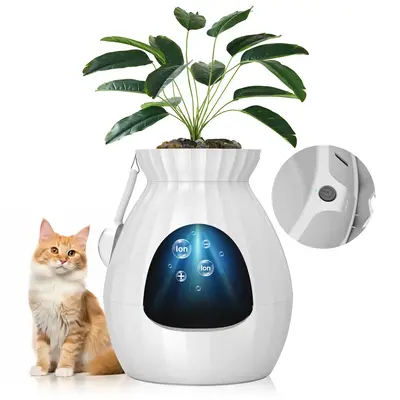 Petterm Upgraded Hidden Litter Box Base Kit, Round Enclosed Cat Litter Box Planter with Artificial Plants and Odor Removal Sy...