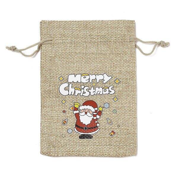 Christmas Printed Burlap Packing Pouches Drawstring Bags
