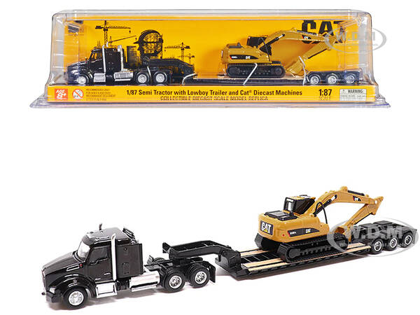 Kenworth T880 SBFS Sleeper Tandem Tractor Black with Lowboy Trailer and CAT 320D L Hydraulic Excavator Yellow 1/87 (HO) Dieca...