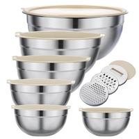 Mixing Bowl Set, 6 PCS Stainless Steel Mixing Bowls with 3 Grinder Attachments, Kitchen Food Organizer Nesting Mixing Bowls T...