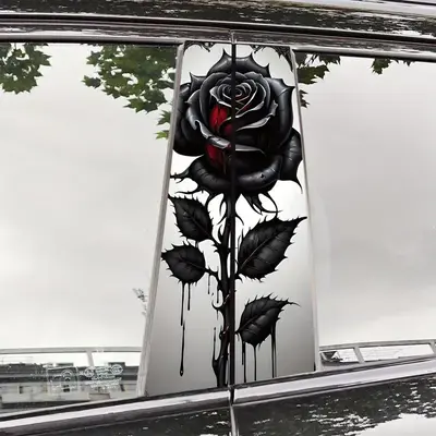 Black Rose Pattern Car Sticker, Self-adhesive Waterproof Door Pillar Protective Film, High Gloss Finish Sticker for Vehicle B...