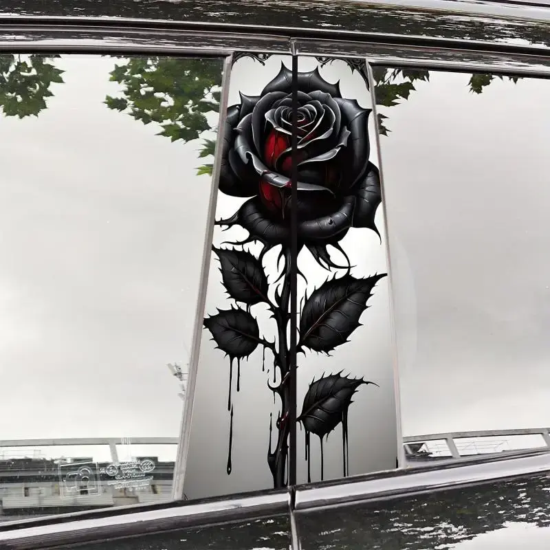 Black Rose Pattern Car Sticker, Self-adhesive Waterproof Door Pillar Protective Film, High Gloss Finish Sticker for Vehicle B...