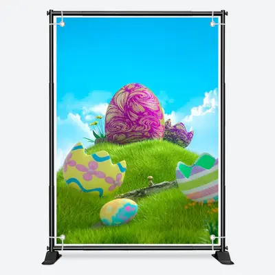 Green Grass Colored Eggs Blue Sky Birthday Backdrop - Aperturee