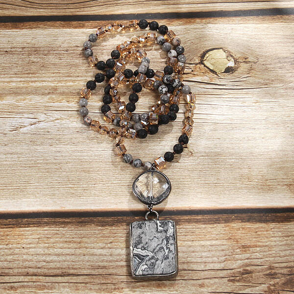 Rectangle & Flat Round Bohemian Style Natural Picasso Jasper with Glass Pendant Necklaces