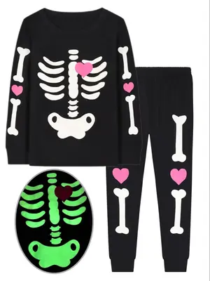 Girls Glow in the Dark 2 Piece Skeleton Pajama Set, Halloween Party with Long Sleeve Top and Long Pants, Cozy Sleepwear for F...