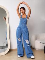 Women's Denim Overalls Baggy Jumpsuit, Casual Fashion Minimalist Ripped Overalls Jumpsuit for Daily Wear, Sailors Dungarees, ...