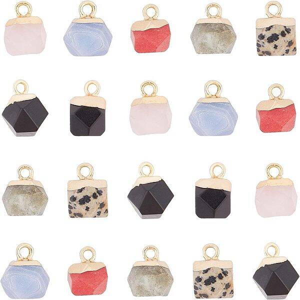SUPERFINDINGS 21pcs 7 Styles Polygon Electroplate Gemstone Charms Mixed Stone Pendents Quartz Charms with Storage Box for Jew...