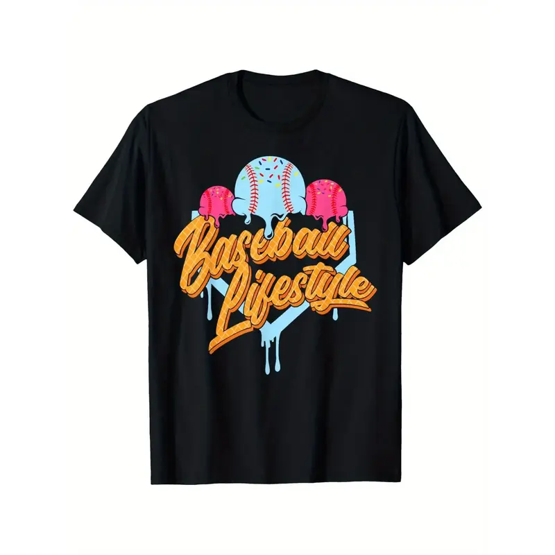 Baseball Lifestyle Graphic T-Shirt for Boys & Girls - Breathable, Comfortable Round Neck Tee with Ice Cream Drip Design - Per...
