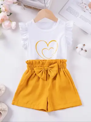 Girl's Heart Print Butterfly Sleeve Tee & Bow Decor Shorts Two-Piece Set, Casual Round Neck T-shirt & Shorts for Summer, Kids...