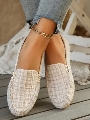 Women's Fashionable Plaid Pattern Slip on Flats, Casual Comfortable Flat Shoes for Daily Wear, Lightweight Breathable Shoes f...
