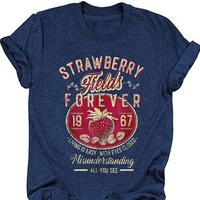 STRAWBERRY Fields FOREVER 1967 Print Round Neck Tee, Vintage Trendy Casual Short Sleeve T-shirt, Summer Clothes For Wear