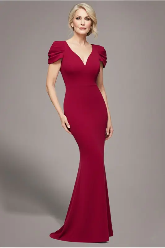 Goddiva Plunging Neck Pleated Sleeves Scuba Maxi Dress - Burgundy Red