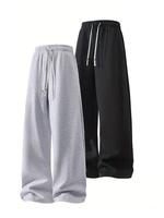 Men's Solid Drawstring Waist Wide Leg Pants, Casual Comfortable Pocket Trousers for Daily Wear, Men's Clothes for All Seasons...