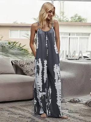 Women's Tie Dye Ruched Design Wide Leg High Jumpsuit, Summer Clothes, Casual Loose Adjustable Strap One Piece Jumpsuit, Pleas...