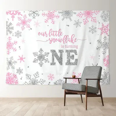 Aperturee Pink Silver Snowflake Happy 1st Birthday Backdrop