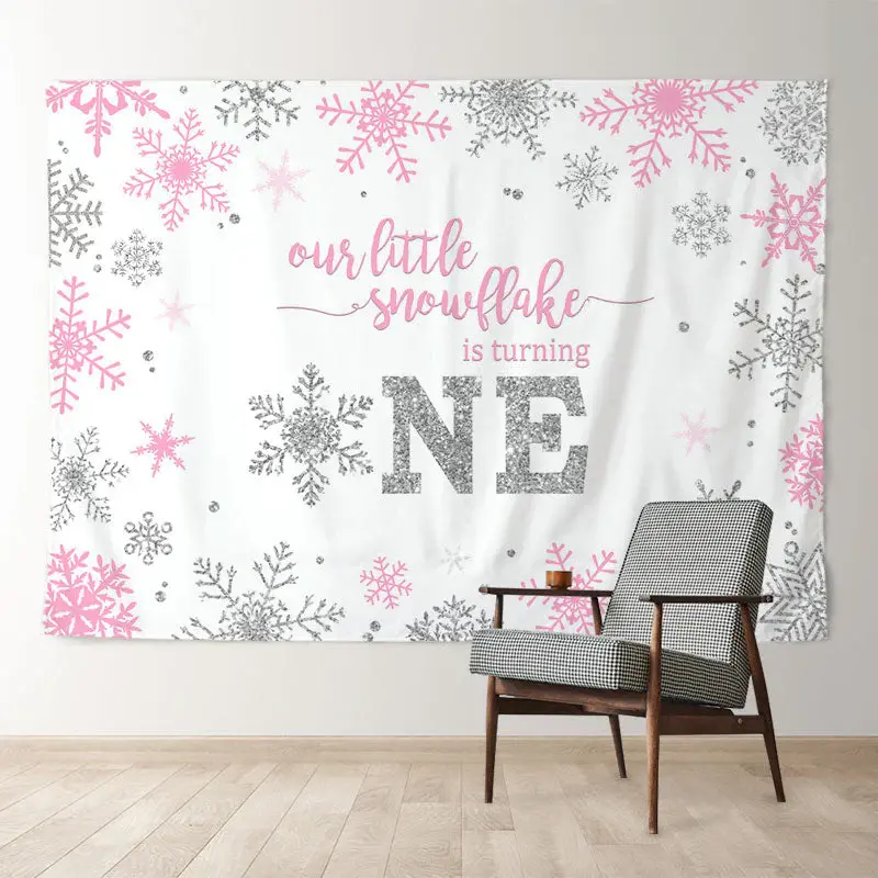 Aperturee Pink Silver Snowflake Happy 1st Birthday Backdrop