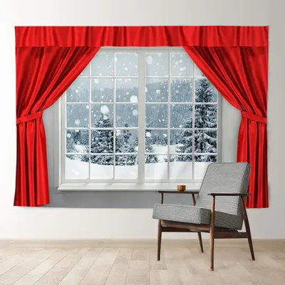 Aperturee Red Curtain Snowy Out Window Christmas Backdrop