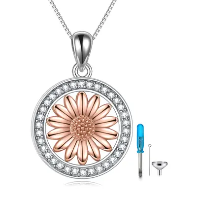 Sterling Silver Two-tone Circular Shaped Cubic Zirconia Sunflower Urn Necklace for Ashes