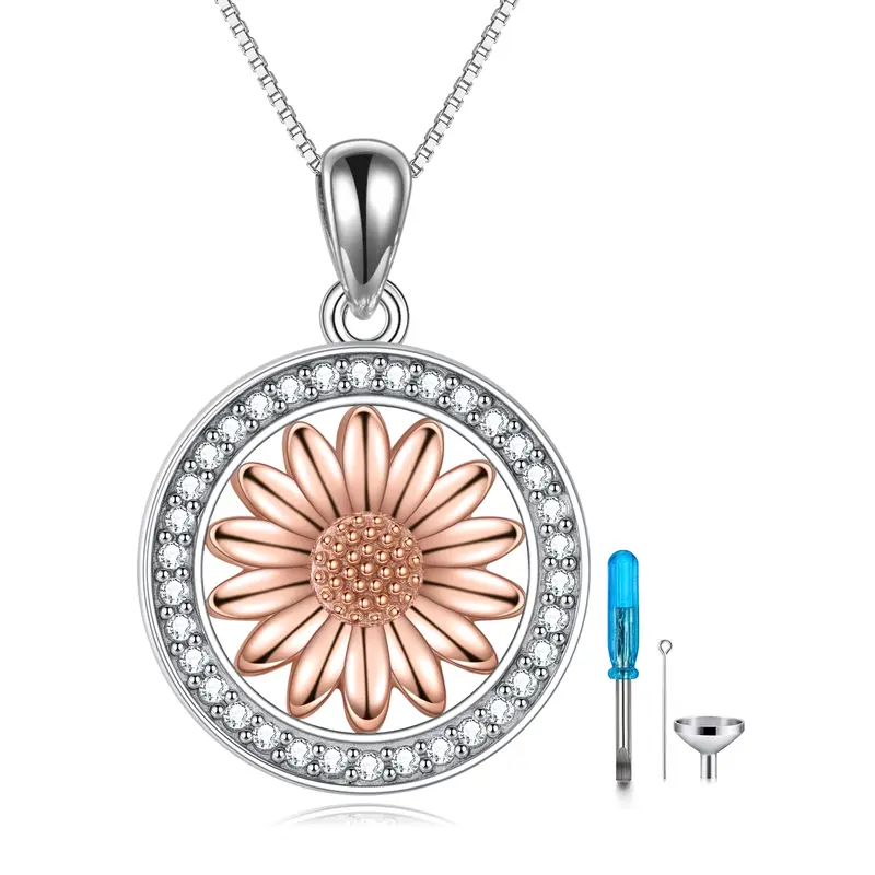 Sterling Silver Two-tone Circular Shaped Cubic Zirconia Sunflower Urn Necklace for Ashes