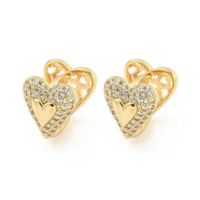 Heart Brass Pave Clear Cubic Zirconia Hoop Earrings