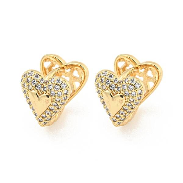 Heart Brass Pave Clear Cubic Zirconia Hoop Earrings