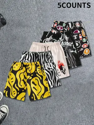 Men's All Over Print Drawstring Waist Beach Shorts, Casual Elastic Waist Pocket Shorts for Summer, Clothing, Shorts for Men, ...
