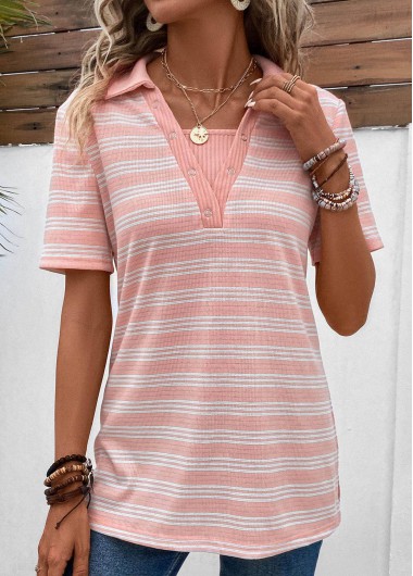 Modlily Pink Eyelet Striped Short Sleeve Shirt Collar Blouse - S