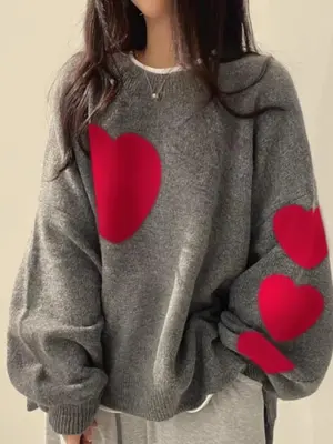 【Plus Size】 Colorblock Heart Pattern Crew Neck Sweater, Casual Long Sleeve Pullover Jumper for Daily Outdoor Wear, Women ...