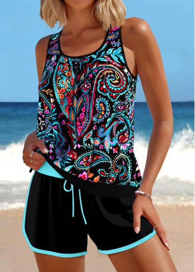 Modlily Contrast Binding Paisley Print Black Tankini Set - S