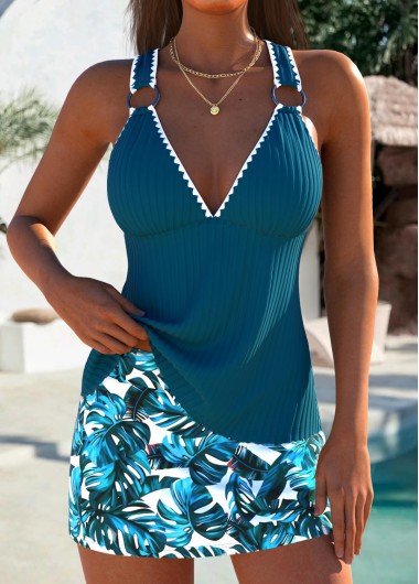 Modlily Lace Up Peacock Blue Plants Print Tankini Set - XXL