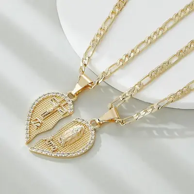 Jesus Cross & Virgin Maria Breakable Heart Necklace,Gift ,Couple, preyer