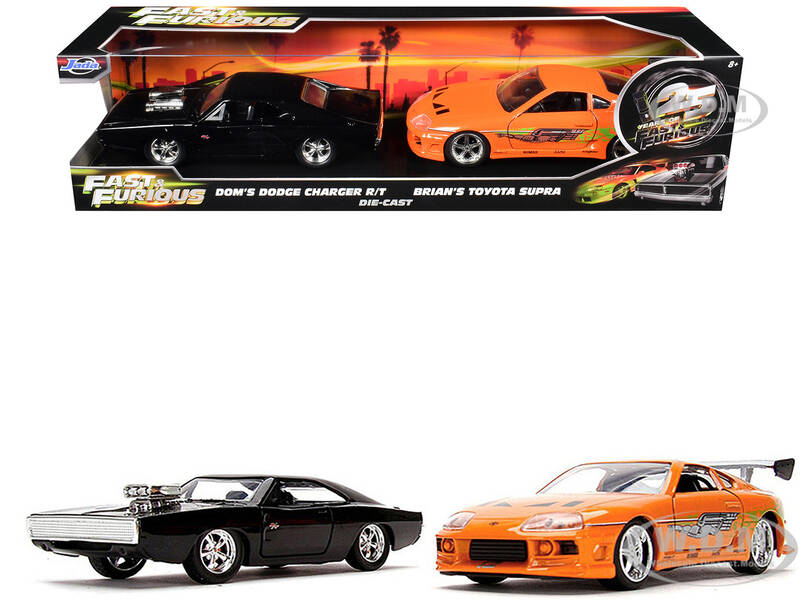Dom's Dodge Charger R/T Black and Brian's Toyota Supra Orange Set of 2 pieces 25 Years of Fast & Furious Series 1/32 Diecas...