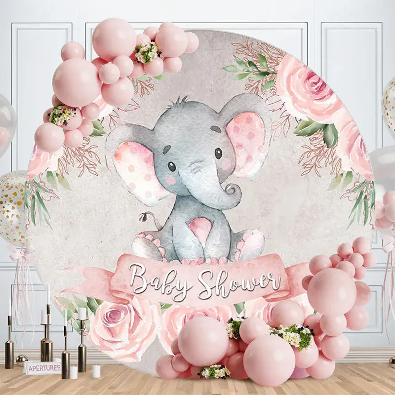 Aperturee Floral Elephant Circle Baby Shower Backdrop
