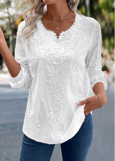 Modlily White Split Detail Long Sleeve Blouse - L