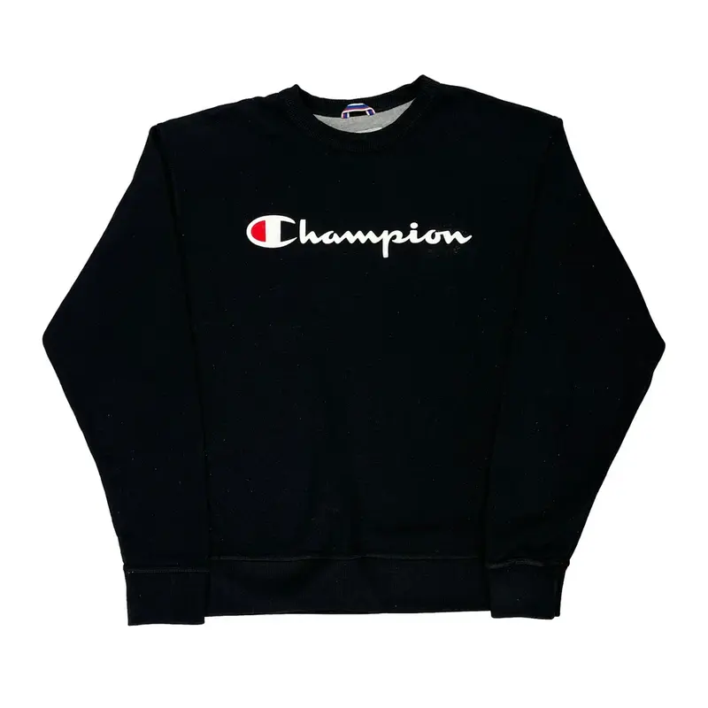 Champion Spellout Sweatshirt - Medium Black Cotton Blend