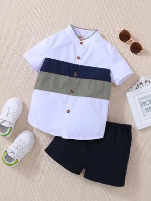 Toddler Boy's Striped Print Two-piece Set, Casual Short Sleeve Button Front Shirt & Elastic Waist Shorts Set, Kids Summer Clo...