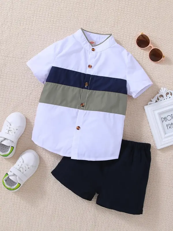 Toddler Boy's Striped Print Two-piece Set, Casual Short Sleeve Button Front Shirt & Elastic Waist Shorts Set, Kids Summer Clo...